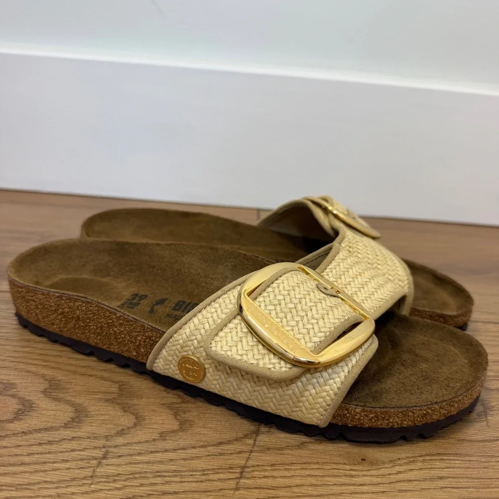 Birkenstock Madrid Big Buckle Raffia Slide 39 Beige Women Sandal Gold Buckle